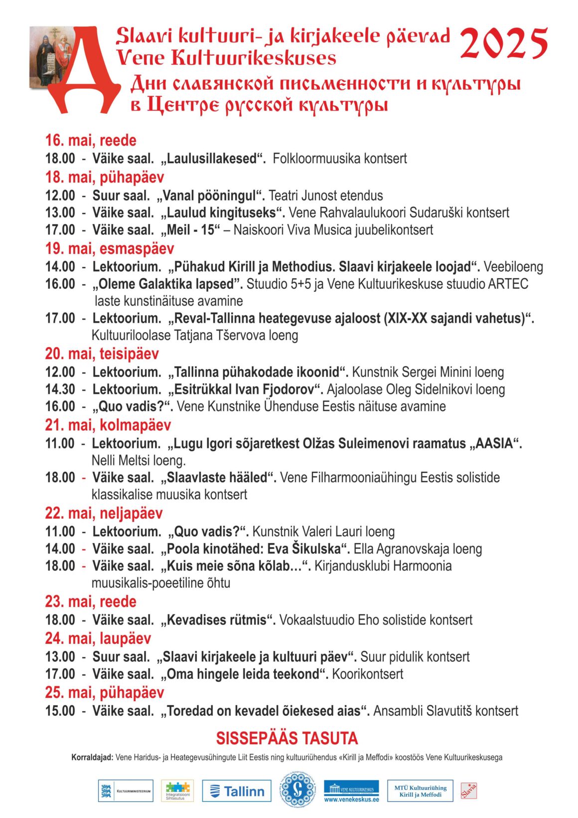 16.05 – 25.05.25: Slaavi kirjakeele ja kultuuri päevad 2025 Vene Kultuurikeskuses – üldkava